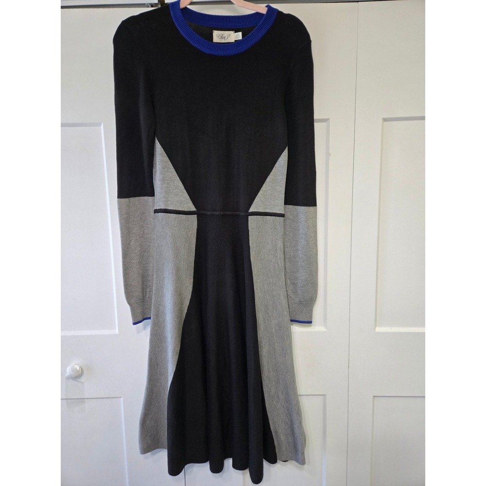 Eliza J Colorblock Knit Sweater Dress Black Grey Blue Trim EJ8M2179 Small
